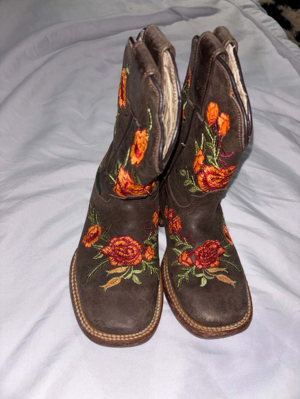 McAllen Western Boots KIDS Brown Orange/Red Floral Embroidered Cowgirl